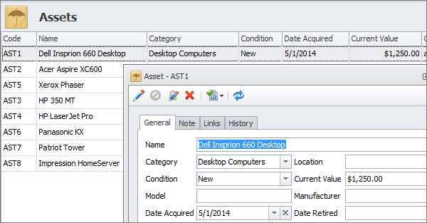 assets table and form