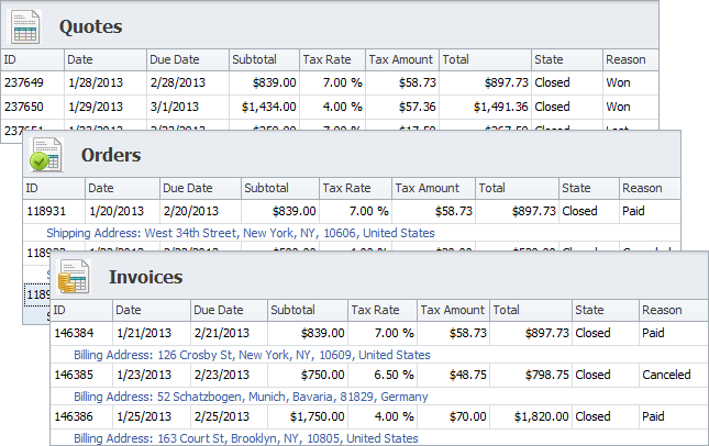 quotes orders invoices main view