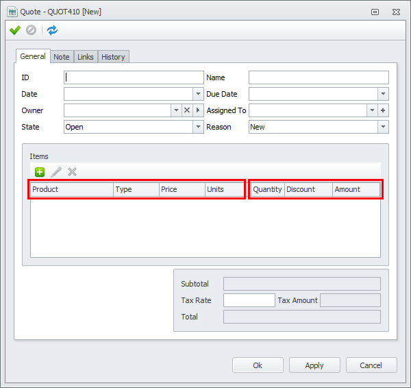 sales crm product items table