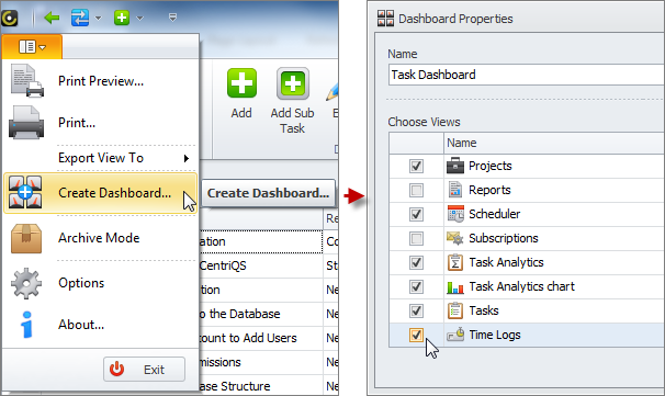 task dashboard select task related views