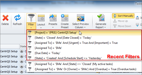 task filter apply recent filter by project