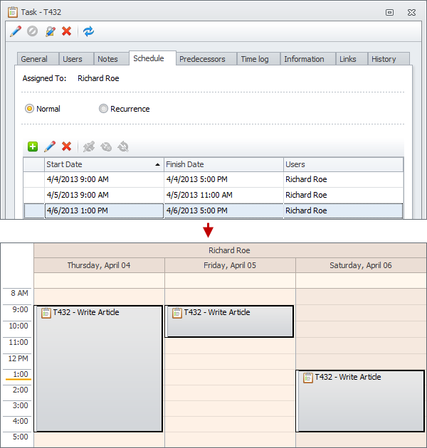 task schedule items in table and calendar