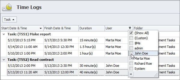 task time logs view