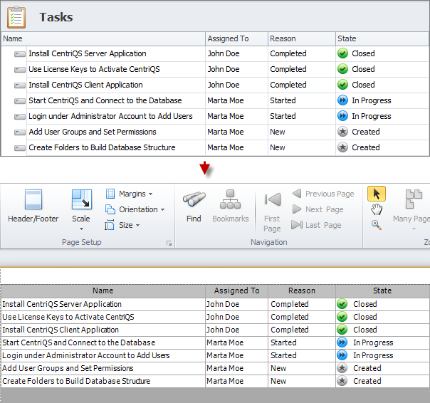 tasks view printing exporting