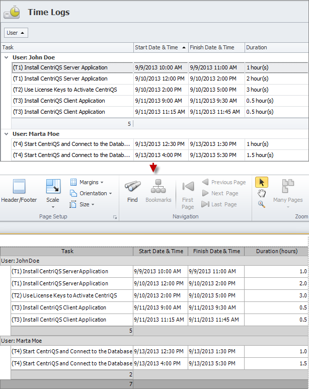 time logs view printing exporting