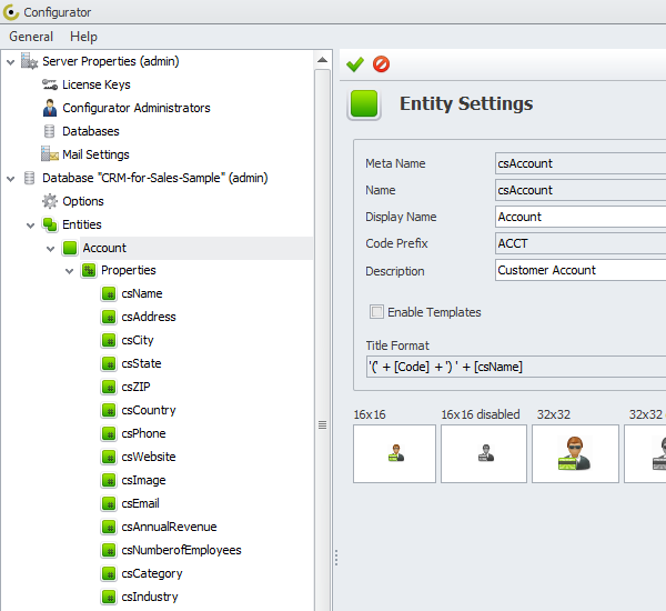 using database crm for sales sample entity configuration mode