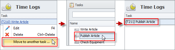Time logs can be moved from one task to another Time logs can be moved from one task to another