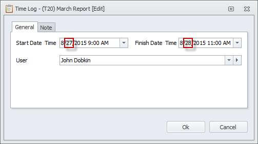 time log different start and finish dates